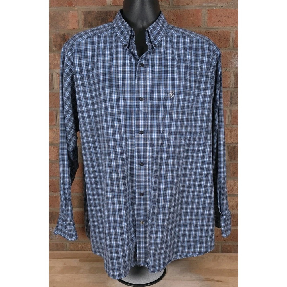 Ariat Pro Series Stretch Shirt Mens XL Blue Plaid Long Sleeve Western
